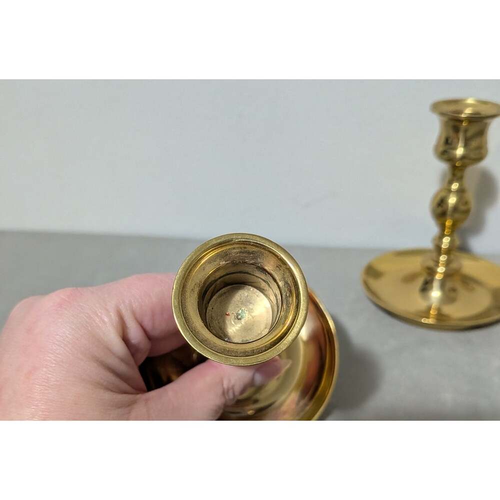 Vintage Solid Brass Candlesticks Pair - 4.5" Flared Saucer Base Taper Holders - Picture 3 of 8